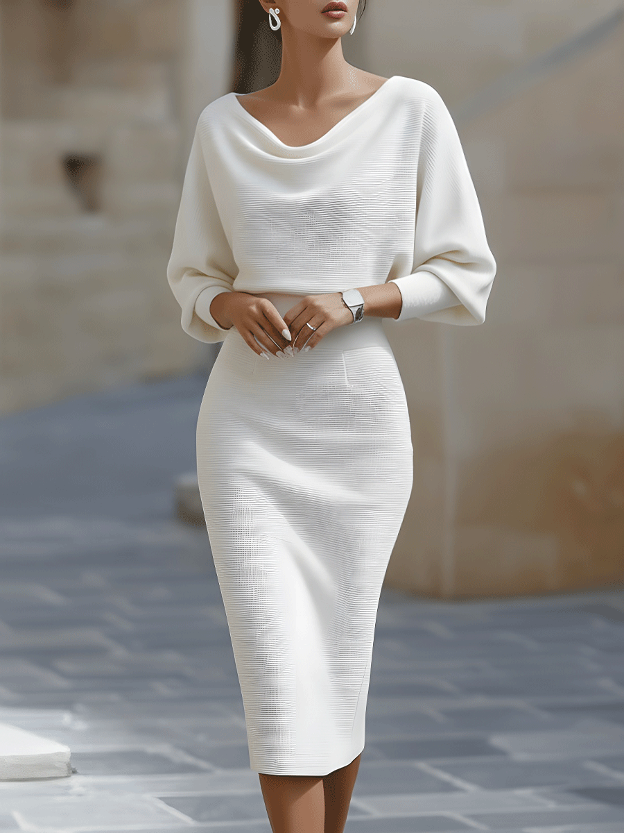 Olivia | White Draped Batwing Midi Dress