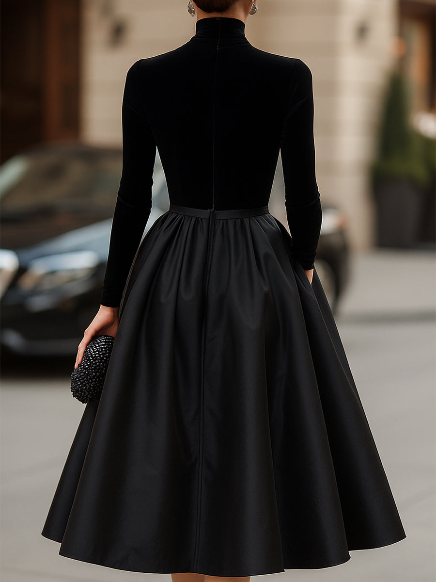 Ava | Elegant Black Velvet And Satin Midi Dress