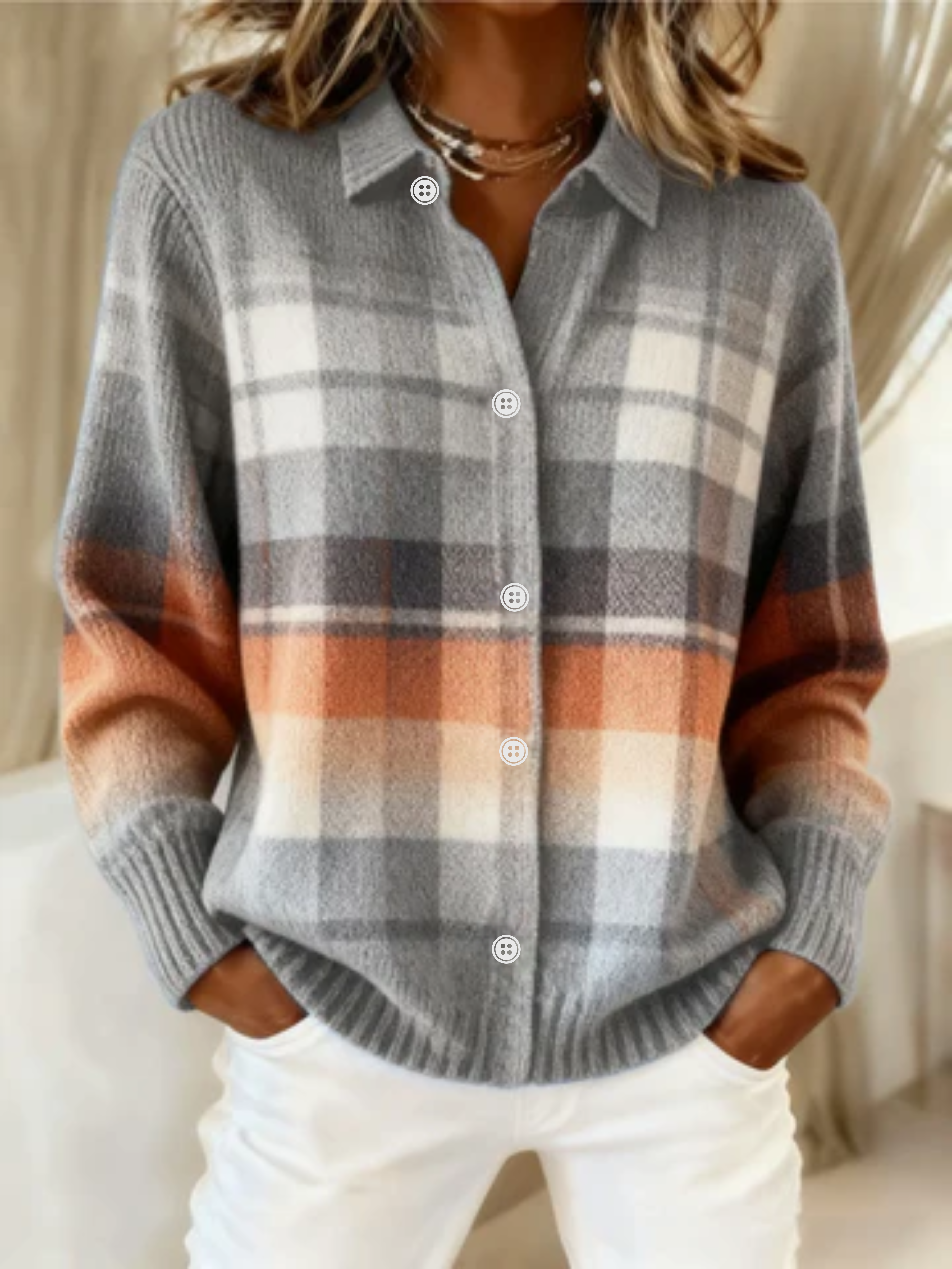 Elena™ – Checked Hoodie Blouse in Soft Tones