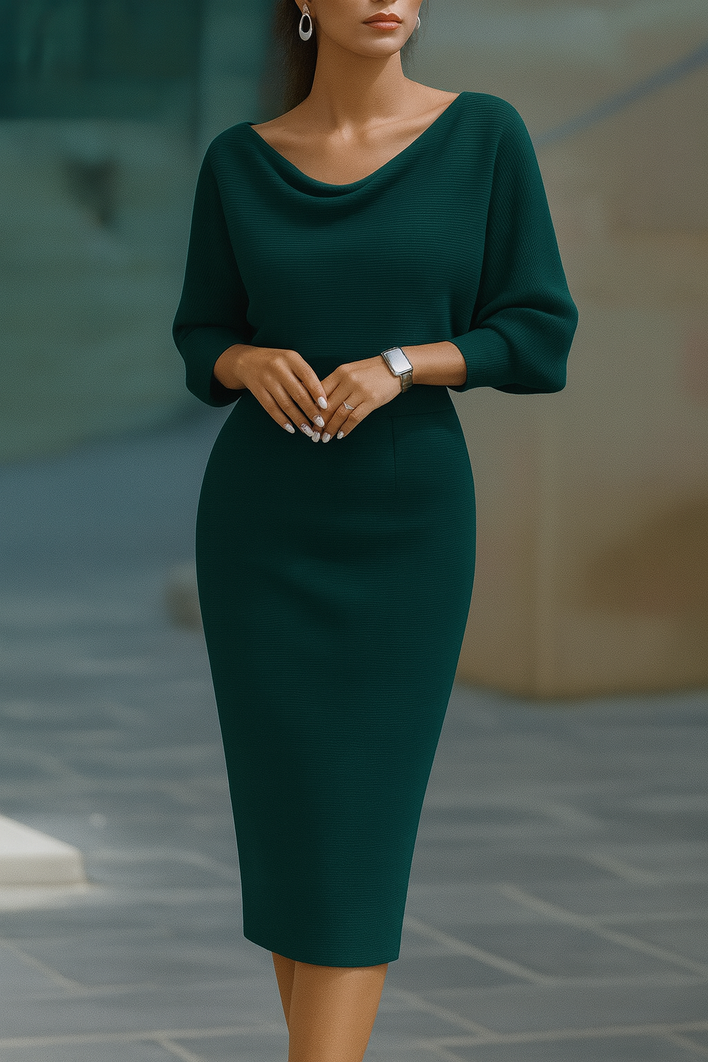 Olivia | White Draped Batwing Midi Dress