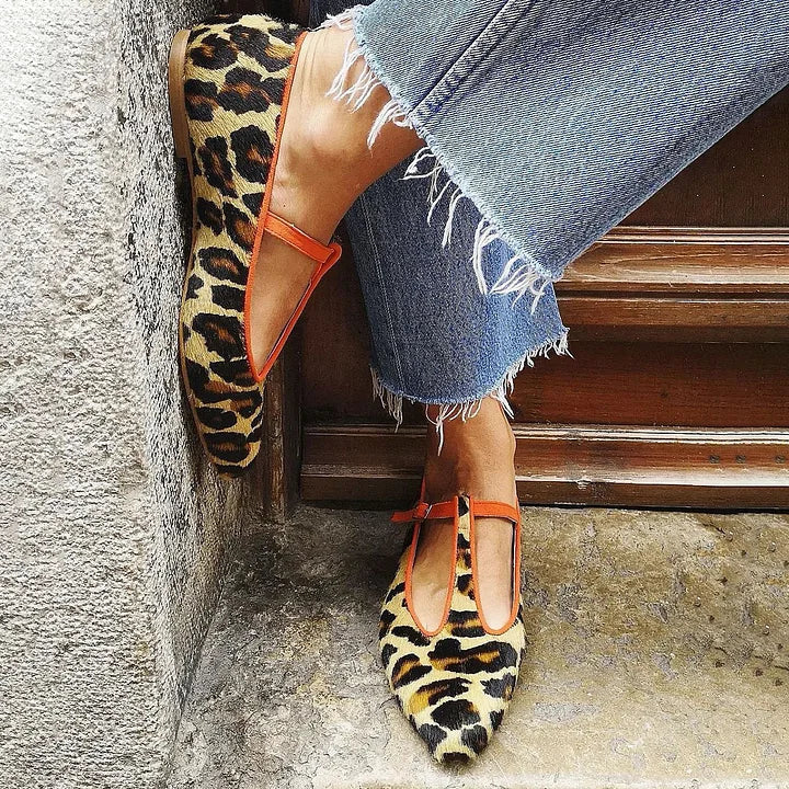 LEOPARD T-STRAP FLATS
